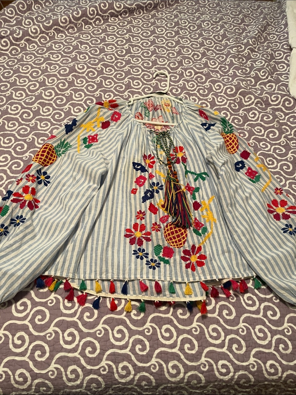 Zara Light Blue Striped Embroidered Tassel Blouse